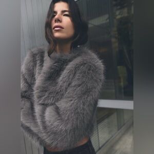 ZARA Gray Faux Fur Coat Jacket